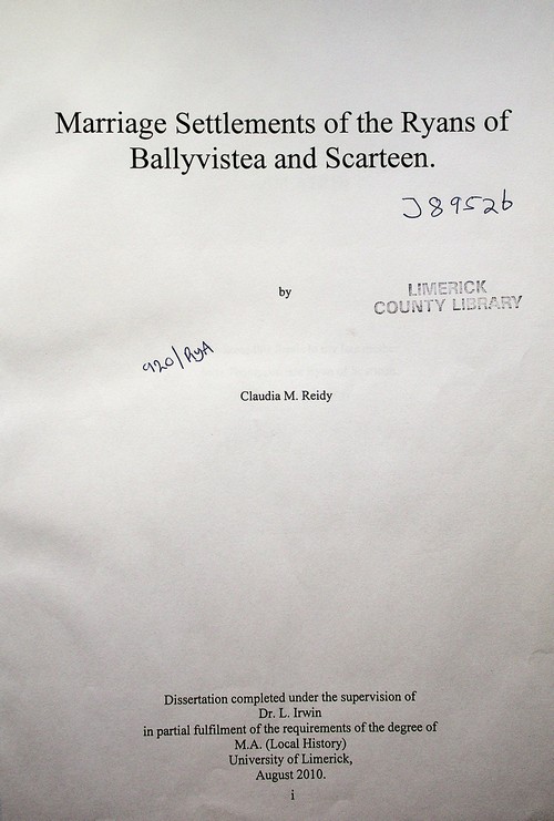 Marriage Settlements of the Ryans of Ballyvistea & Scarteen by Claudia M. Reidy (2010)