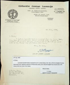 Note from Deputy Co. Manager, T. F. Broe, to Co. Librarian re erection of Memorial Library.