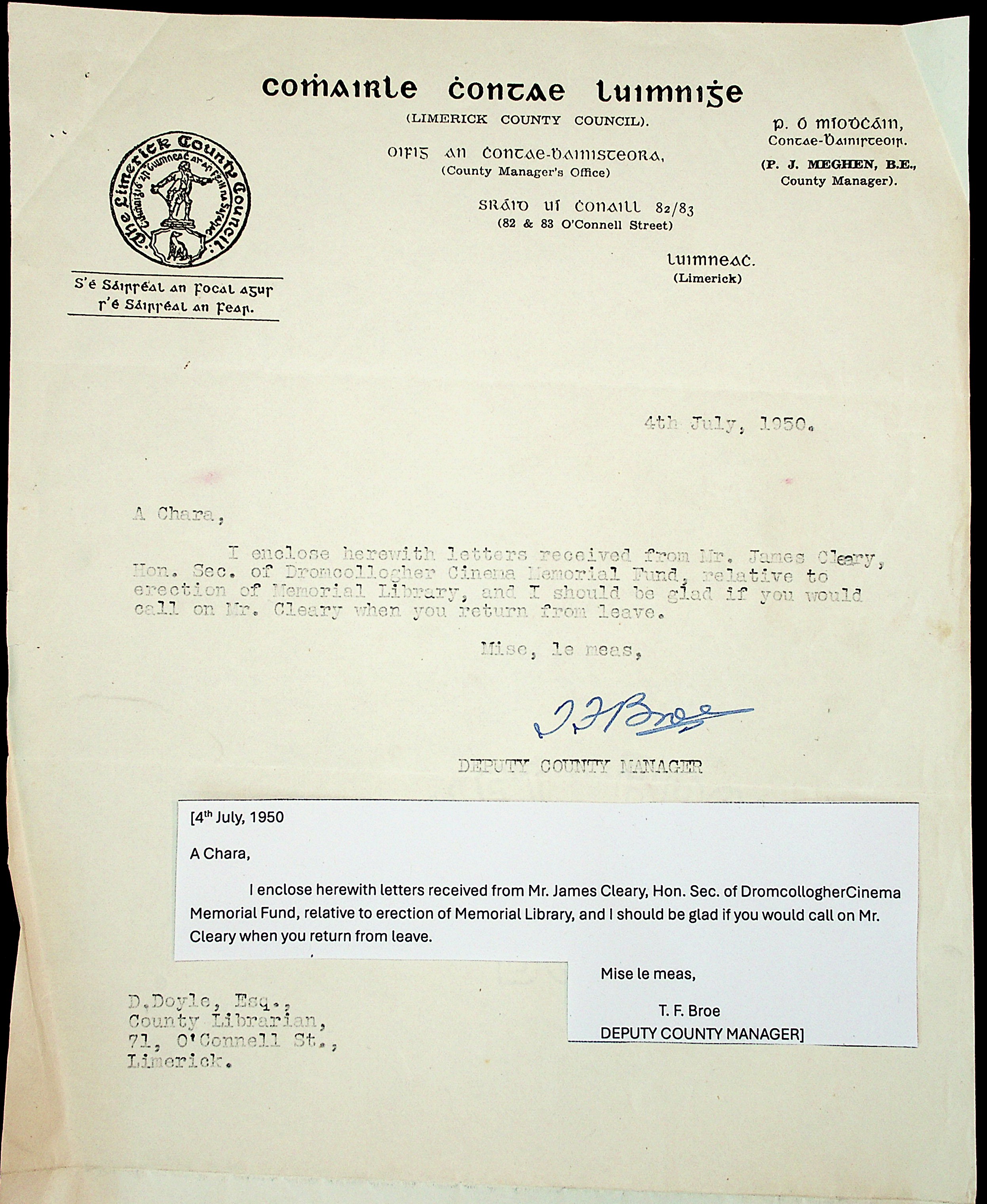 Note from Deputy Co. Manager, T. F. Broe, to Co. Librarian re erection of Memorial Library.