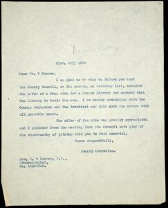 Letter to parish priest, Rev. H. O’Connor, from Co. Librarian, confirming acceptance of site and order to proceed with plans.