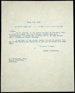 Letter from Co. Librarian to Co. Solicitor, R. O’Sullivan, re legal authority for Council to accept the gift of the site.