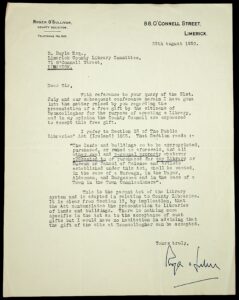 Letter from Co. Solicitor to Co. Librarian, advising that he ‘would have no hesitation in advising that the gift…can be accepted.’
