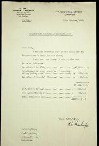 Estimate of costs for project to Co. Librarian from Patrick J. Sheahan, O’Connell Street Limerick, architect & engineer.